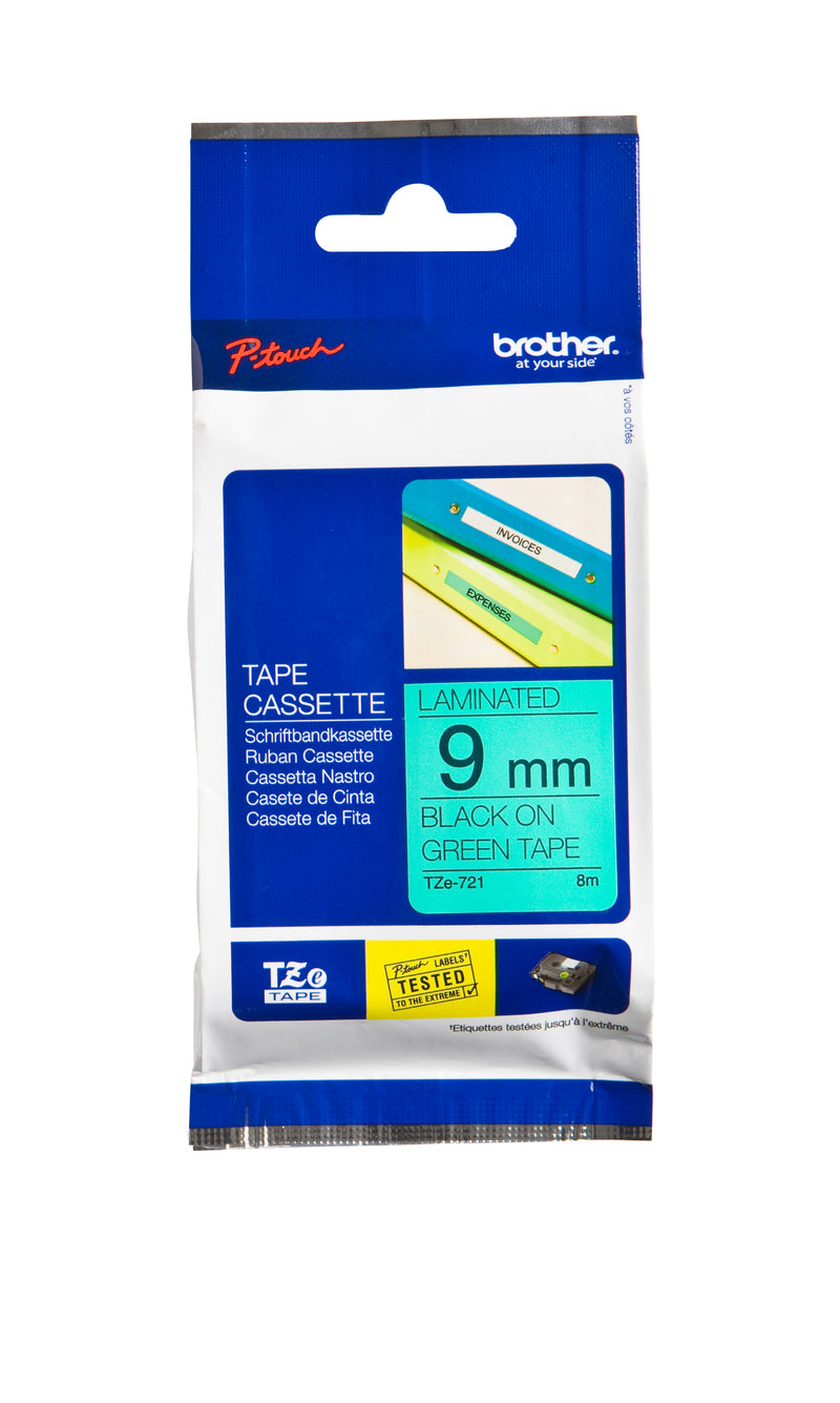 Brother - Labele P-touch TZe-721 Standard 9mm Schwarz auf Grün