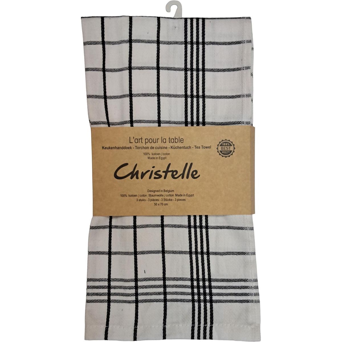 Klika -  Handdoek Christelle, ft 50 x 70 cm, geruit, wit, pak van 3 stuks
