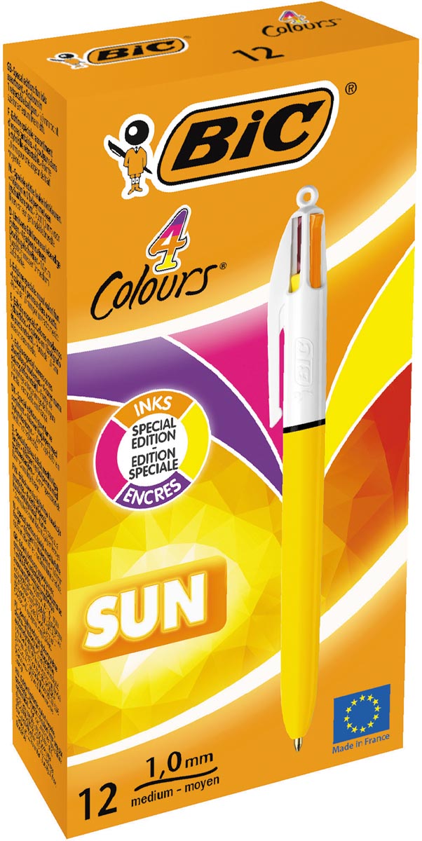 Bic - Colors 4-Farben-Kugelschreiber, mittel, modische Tintenfarben, Gehäuse gelb