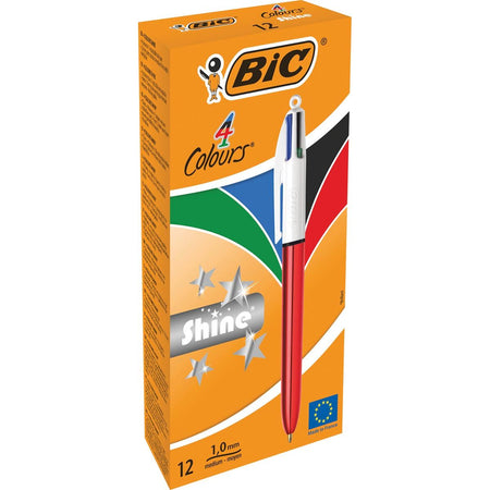 Bic – Colors Shine 4-Farben-Kugelschreiber, mittel, klassische Schreibfarben, Gehäuse metallic rot