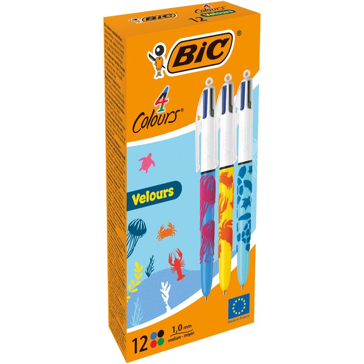 Bic – Colors Velours 4-Farben-Kugelschreiber, mittel, klassische Schreibfarben, 12er-Box