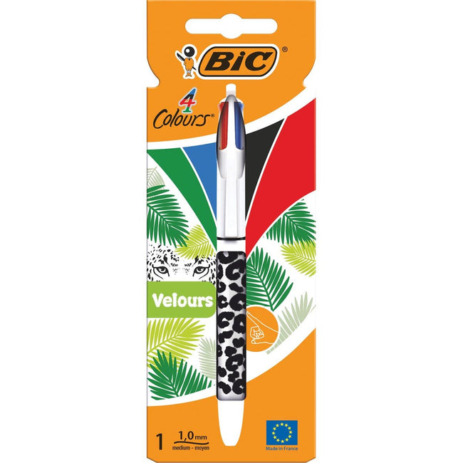 Bic - Colors Velours 4-Farben-Kugelschreiber, mittel, klassische Schreibfarben, verschiedene Motive, im Blister