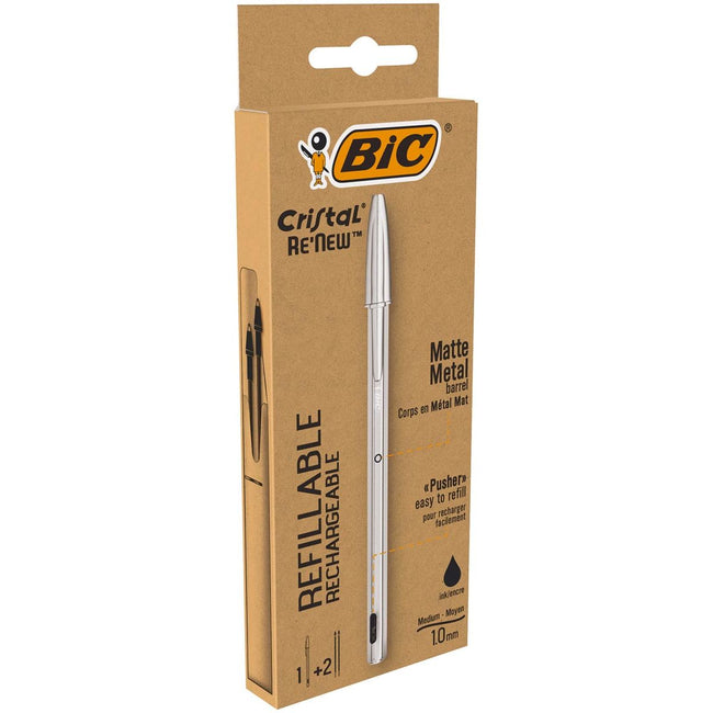 Bic - Kugelschreiber Cristal Re-new medium silver + 2 schwarze Minen