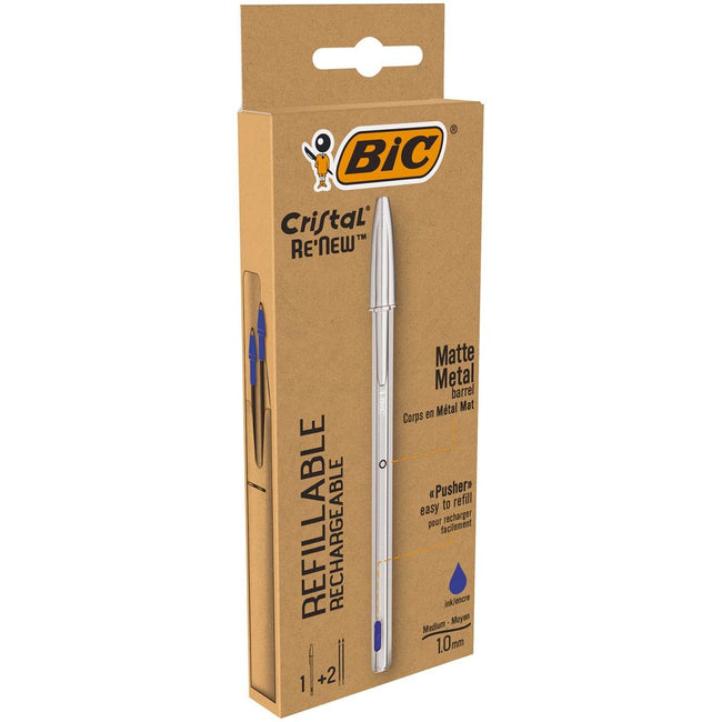 BIC - Kugelschreiber Cristal Re-new medium silber + 2 blaue Minen
