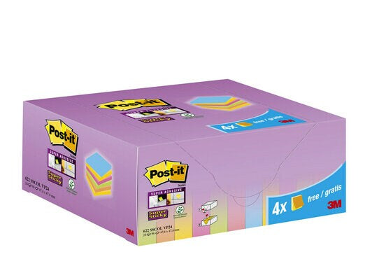 Post-it Super Sticky – Farbige Super-Haftnotizen, 90 Blatt, 47,6 x 47,6 mm, 20 + 4 GRATIS
