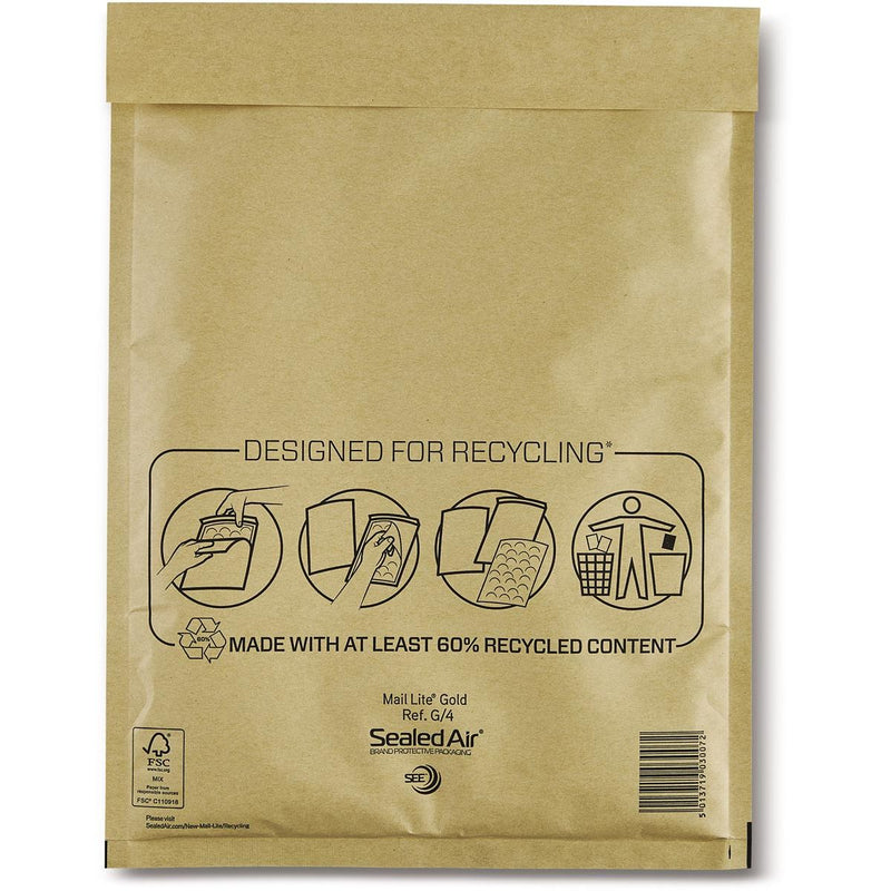 Mail Lite - Luftpolsterumschläge, Gold, G/4, 240 x 330 mm, Karton mit 50 Stück