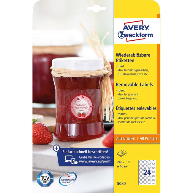 Avery Zweckform - Zweckform runde Etiketten, Durchmesser 40 mm, weiß, ablösbar, 240 Etiketten, 10 Blatt