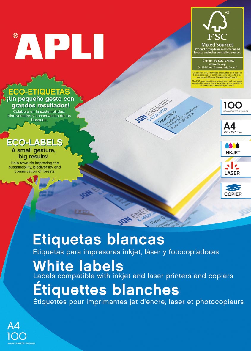 Apli – weiße Etiketten Ft 210 x 148 mm (B x H), 200 Stück, 2 pro Blatt (1264)