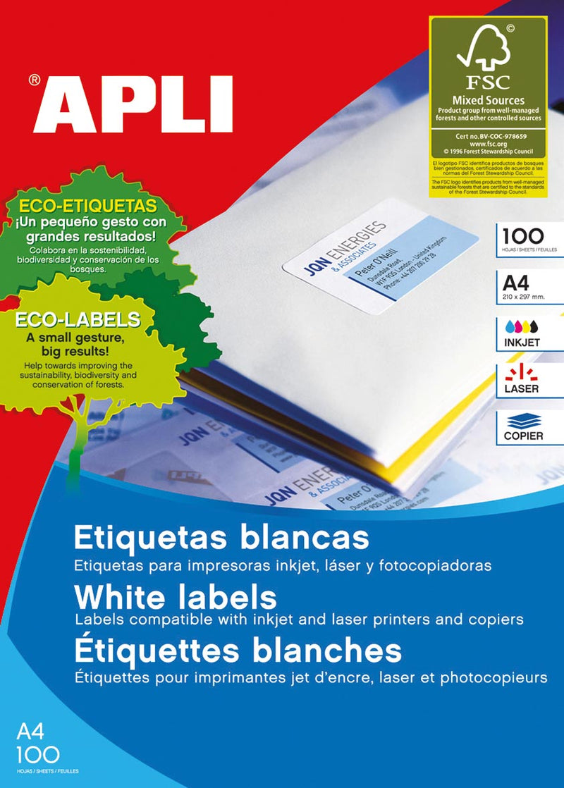 Apli – Weiße Etiketten ft 105 x 42,4 mm (B x H), 1.400 Stück, 14 pro Blatt (1277)