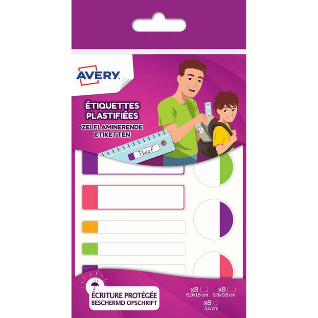 Avery – Laminierte Familienetiketten, Etui mit 24 Etiketten, verschiedene Größen und fluoreszierende Farben