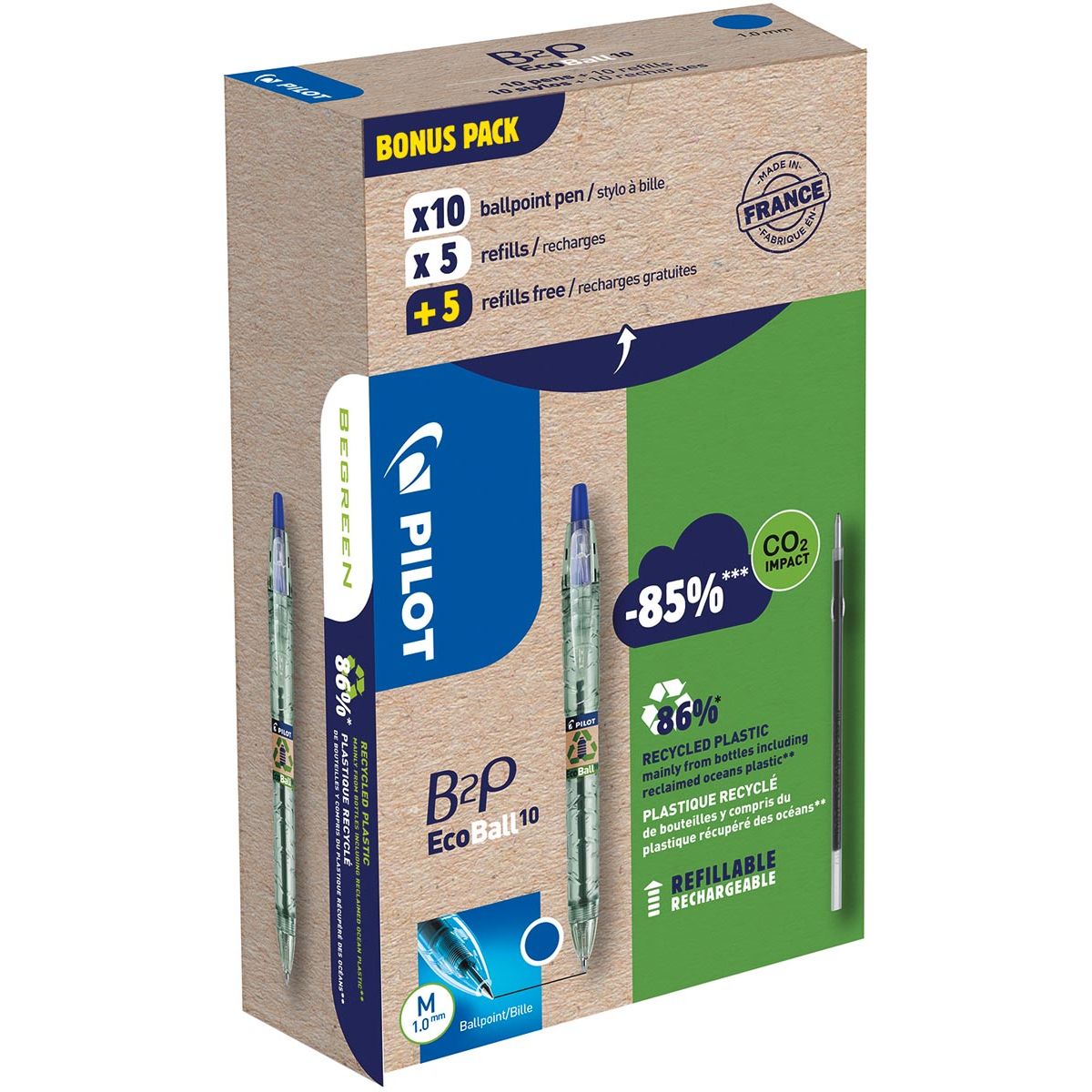 Pilot - Ecoball B2P BeGreen Kugelschreiber, mittlere Spitze, 0,3 mm 10 Stück + 10 Minen, blau