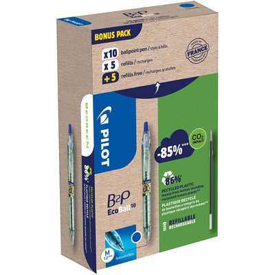 Pilot - Ecoball B2P BeGreen Kugelschreiber, mittlere Spitze, 0,3 mm 10 Stück + 10 Minen, blau