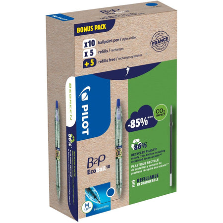 Pilot - Ecoball B2P BeGreen Kugelschreiber, mittlere Spitze, 0,3 mm 10 Stück + 10 Minen, blau