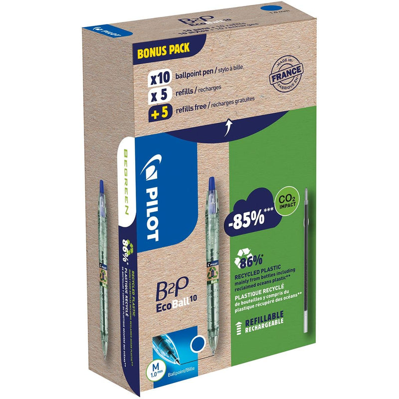 Pilot - Ecoball B2P BeGreen Kugelschreiber, mittlere Spitze, 0,3 mm 10 Stück + 10 Minen, blau