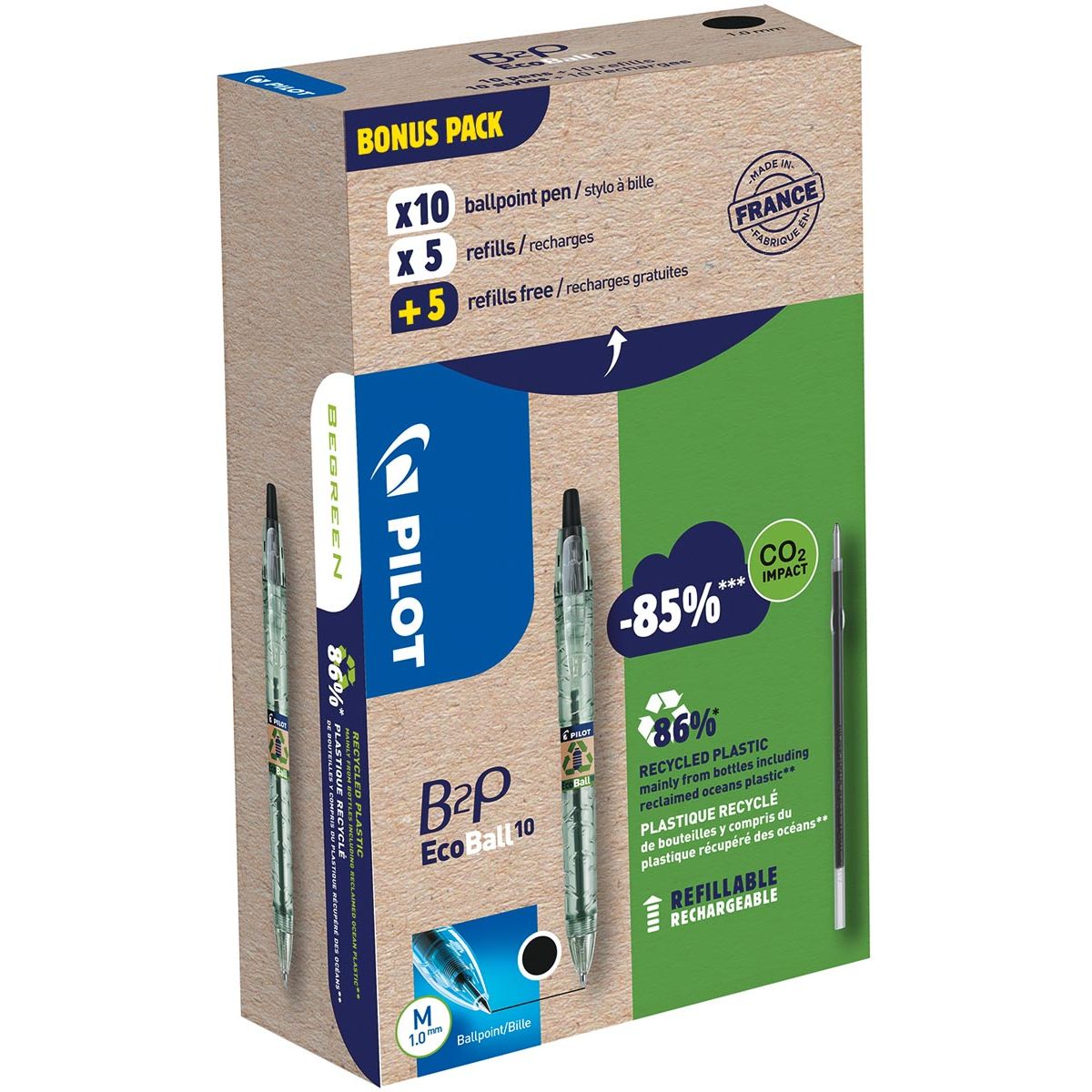 Pilot - Ecoball B2P BeGreen Kugelschreiber, mittlere Spitze, 0,3 mm 10 Stück + 10 Minen, schwarz