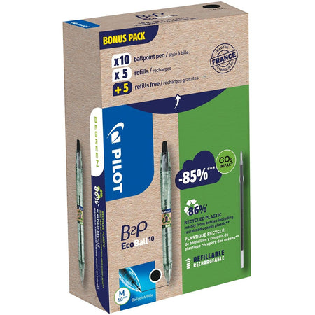 Pilot - Ecoball B2P BeGreen Kugelschreiber, mittlere Spitze, 0,3 mm 10 Stück + 10 Minen, schwarz