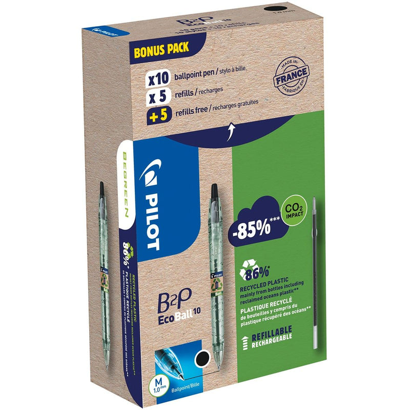 Pilot - Ecoball B2P BeGreen Kugelschreiber, mittlere Spitze, 0,3 mm 10 Stück + 10 Minen, schwarz
