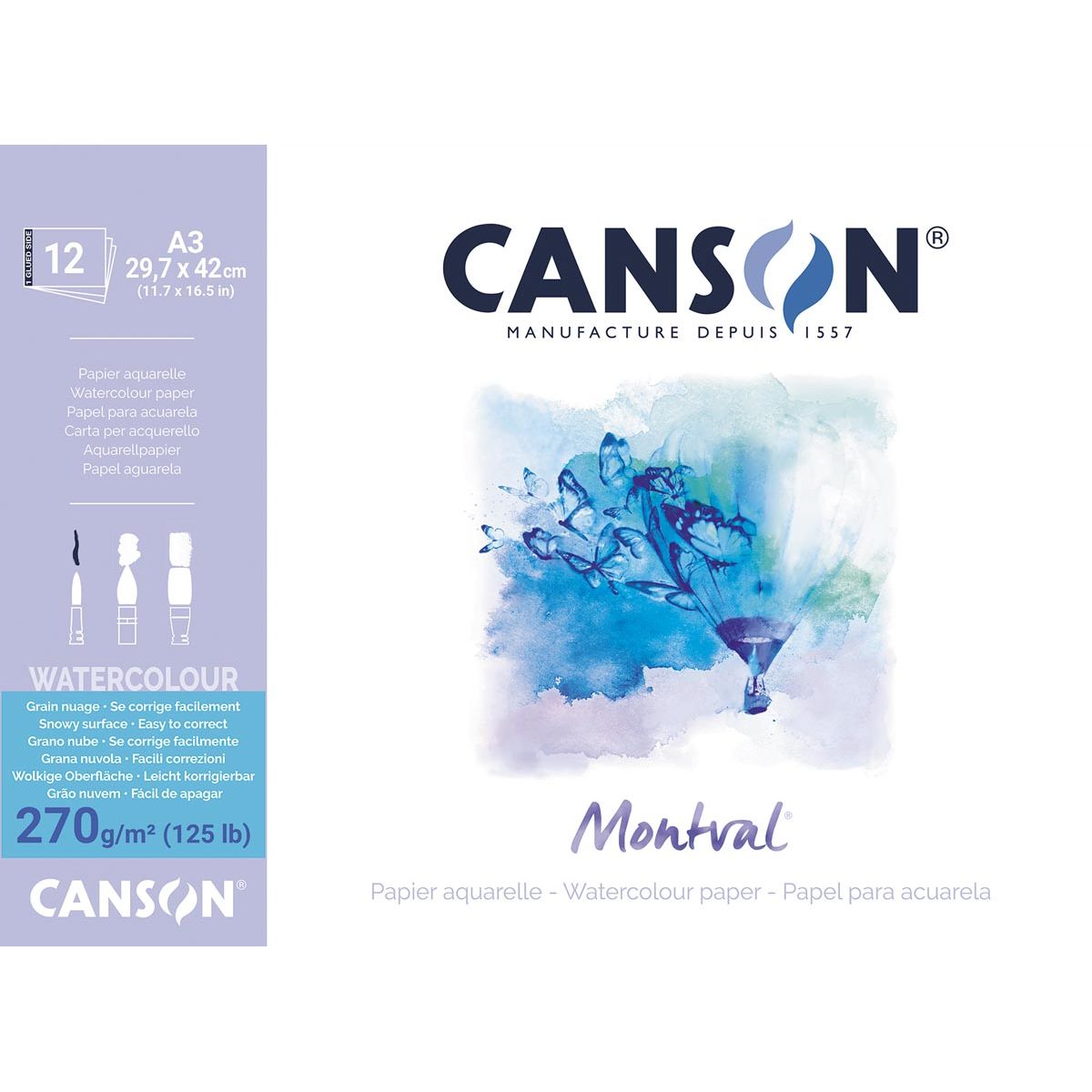 Canson – Montval Aquarellpapier, weiß mit grober Körnung, 270 g/m², ft A3, Block mit 12 Blatt