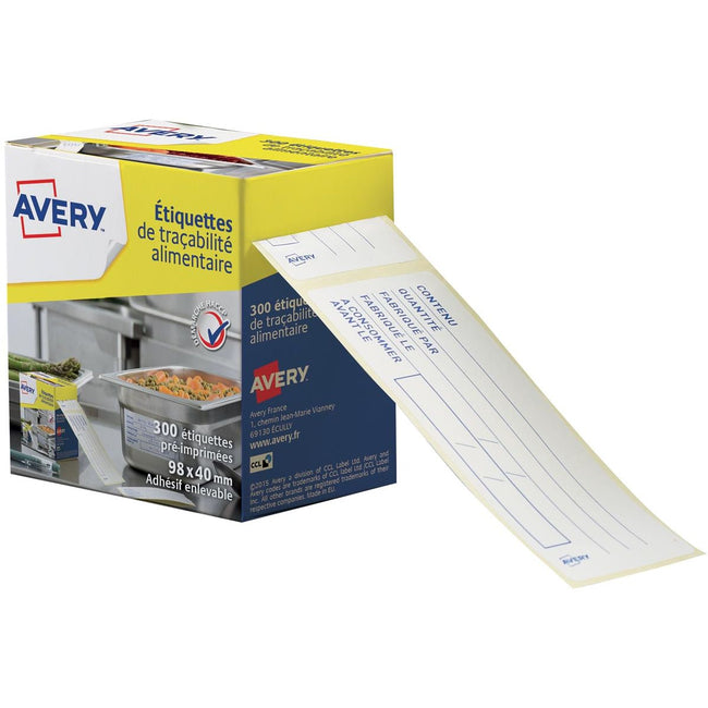 Avery - Etiketten der Lebensmittelcodierung, Ft 98 x 40 mm, 1 Roll mit 300 Tränen -Off -Etiketten im Spender, Französisch