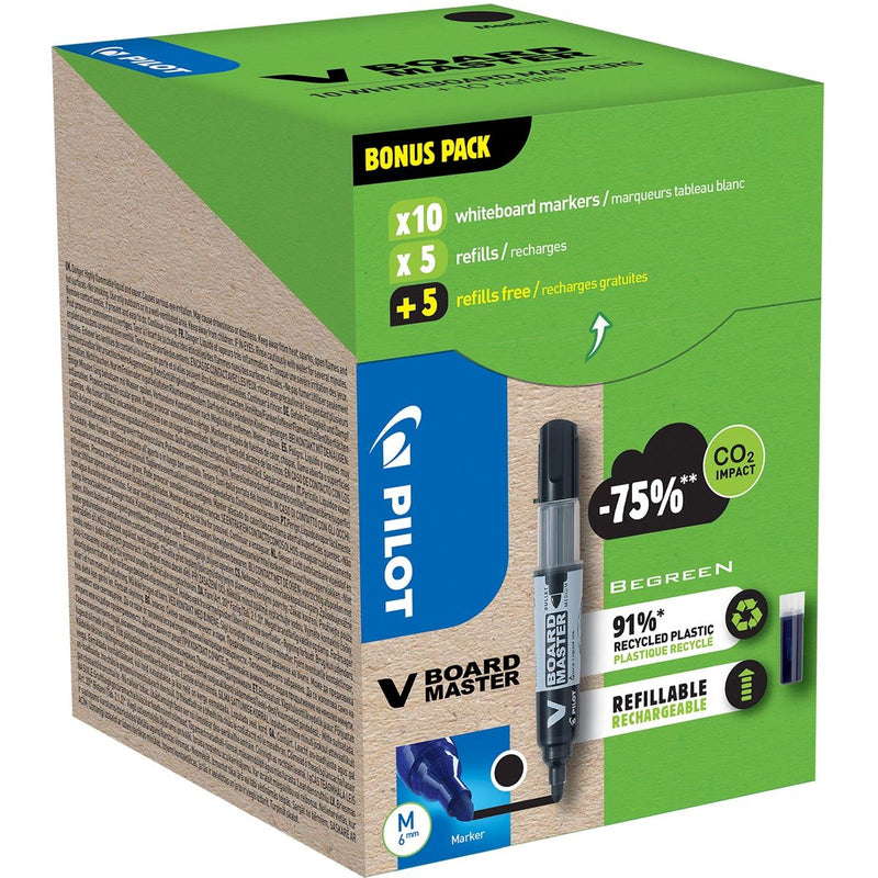 Pilot - V-Board Master BeGreen Whiteboardmarker, runde Spitze, 2,3 mm, 10 Stück + 10 Nachfüllungen, schwarz