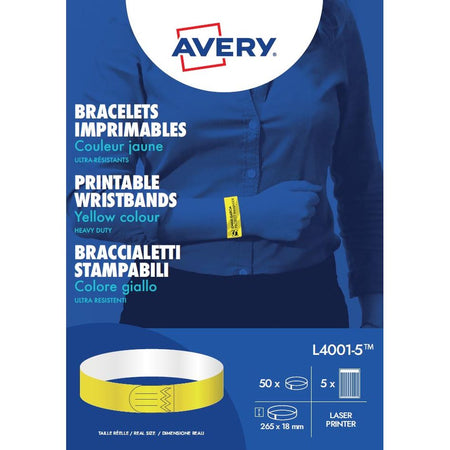Avery – bedruckbare Armbänder, ft 18 x 265 mm, gelb, Packung mit 50 Etiketten