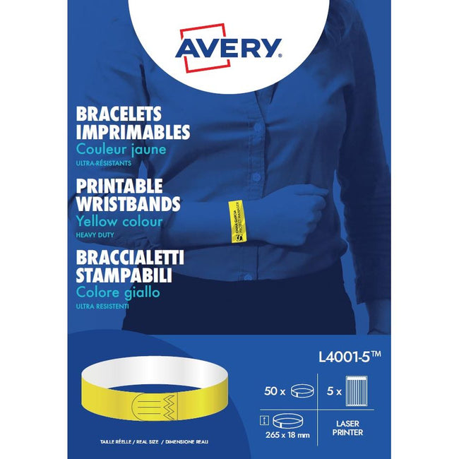 Avery – bedruckbare Armbänder, ft 18 x 265 mm, gelb, Packung mit 50 Etiketten