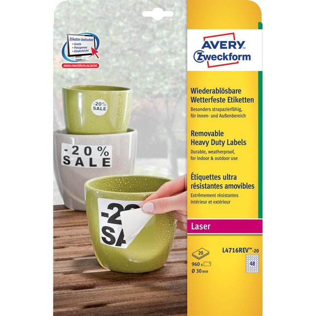 Avery – ablösbare, wetterfeste Etiketten, Durchmesser 30 mm, weiß, Box mit 960 Etiketten
