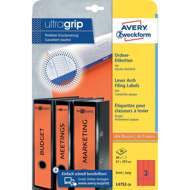 Avery Zweckform - Zweckform L4752-20 Ordnerrückenetiketten ft 29,7 x 6,1 cm (B x H), 60 Etiketten, rot