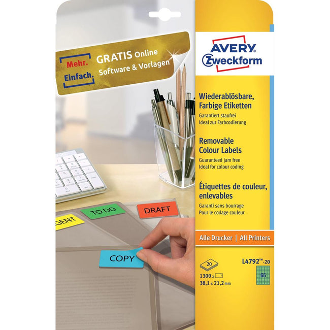 Avery Zweckform – farbige Etiketten ft 38,1 x 21,2 mm (B x H), ablösbar, grün, 1300 Stück, 65 pro Blatt