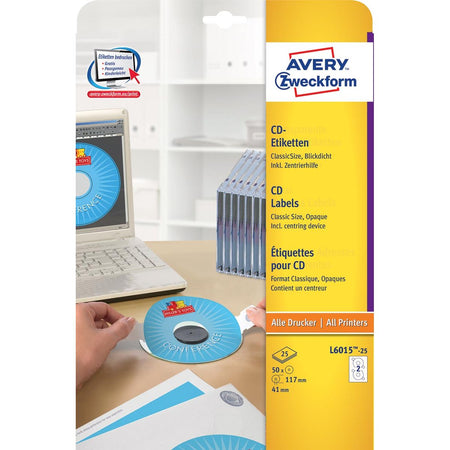 Avery Zweckform - Zweckform L6015-25 CD-Etiketten, Durchmesser 117 mm, 50 Etiketten, weiß