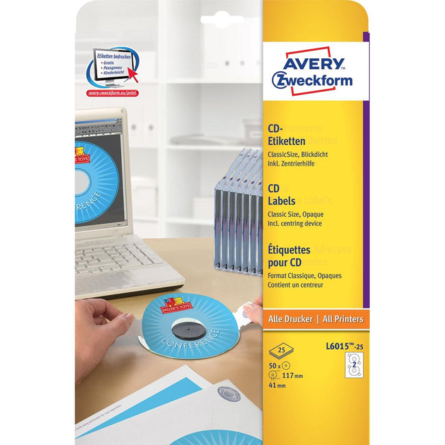 Avery Zweckform - Zweckform L6015-25 CD-Etiketten, Durchmesser 117 mm, 50 Etiketten, weiß