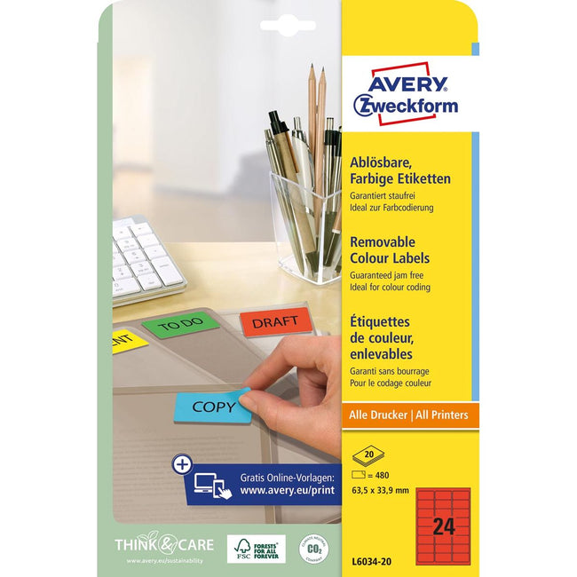 Avery Zweckform – ablösbare farbige Etiketten, 63,5 x 33,9 mm (B x H), 480 Stück, 24 pro Blatt, rot