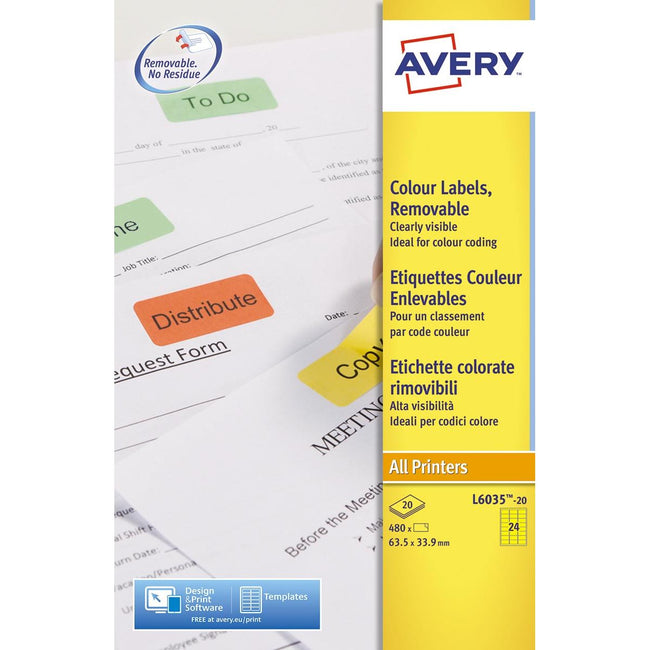 Avery Zweckform – Ablösbare farbige Etiketten, 63,5 x 33,9 mm (B x H), 480 Stück, 24 pro Blatt, gelb