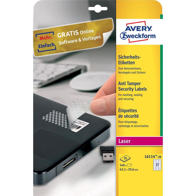 Avery Zweckform – widerstandsfähige Sicherheitsetiketten, ft 63,5 x 29,6 mm, 540 Stück, 27 pro Blatt, Karton mit 20 Blatt
