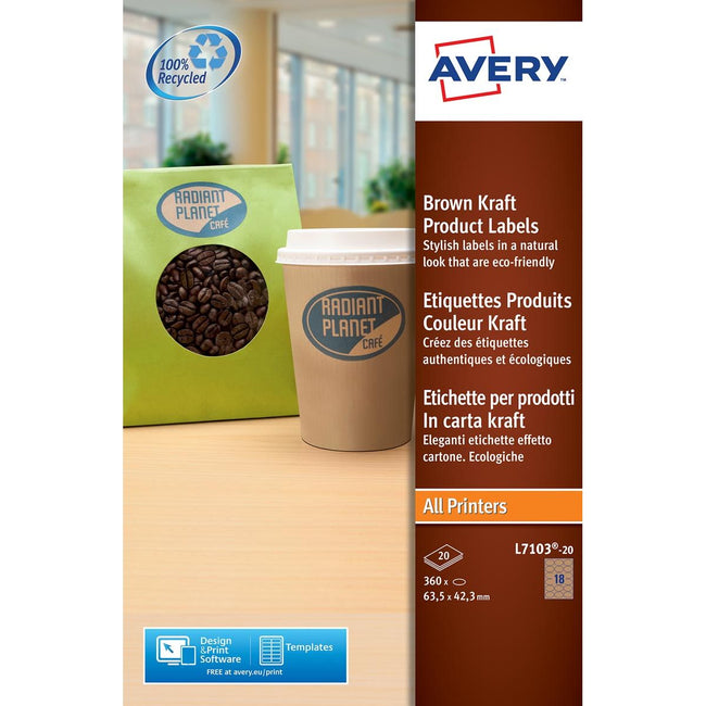 Avery - L7103-20 Produktetiketten ft 63,5 x 42,3 mm (B x H), 360 Etiketten, Kraft, Oval