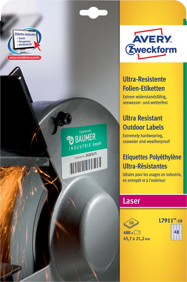 Avery - L7911-10 wetterfeste Etiketten, 45,7 x 21,2 mm (B x H), 480 Etiketten, weiß