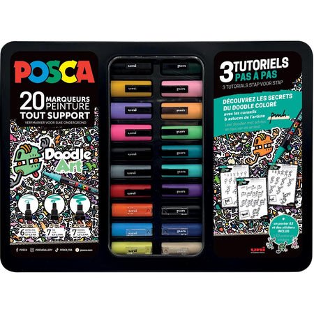 Posca -  Uni paintmarker Doodle Art, verschillende punten, metalen koffer van 20 stuks