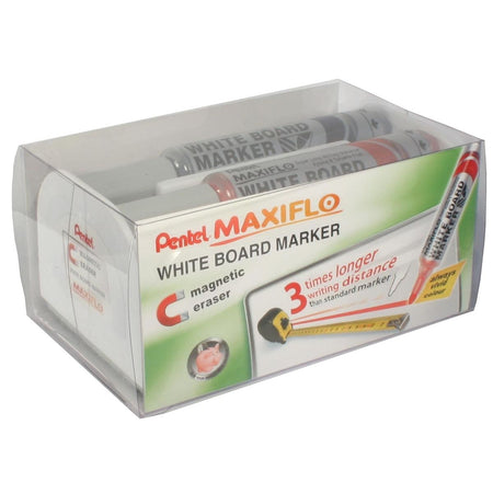 Pentel - Maxiflo Whiteboard-Marker 4er-Set: Blau, Rot, Grün und Schwarz + Magnettafel-Radierer