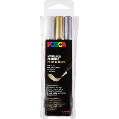 Posca - Lackmarker PCF-350, Pinselspitze, 3er-Packung, sortiert (Gold, Silber und Weiß)