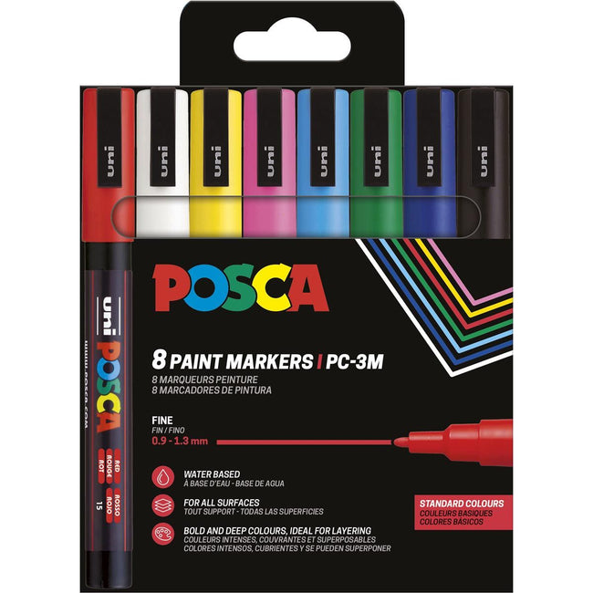 Posca - Uni-Farbmarker PC-3M, 1,5 mm, Karton mit 8 Stück in verschiedenen Grundfarben