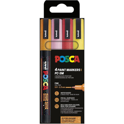 Posca - Uni-Farbmarker PC-3ML, 1,5 mm, Glitzer, Karton mit 4 Stück Orange, Pink, Rot und Gelb