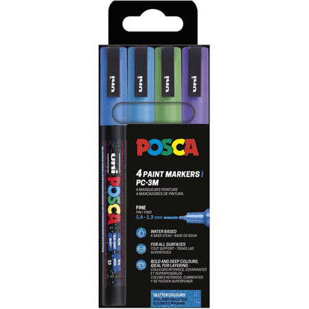 Posca - Uni-Farbmarker PC-3ML, 1,5 mm, Glitzer, Karton mit 4 Stück dunkelblau, hellblau, grün und violett