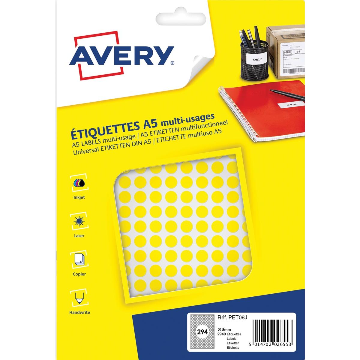 Avery - PET08J Runde Markierungsetiketten, Durchmesser 8 mm, Blasen von 2940 Stücken, Gelb