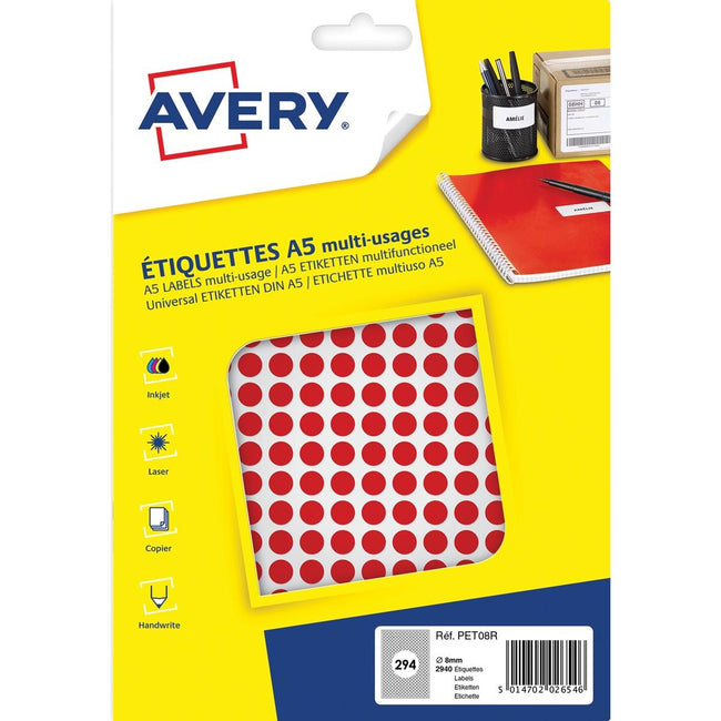 Avery - PET08R Runde Markierungsetiketten, Durchmesser 8 mm, Blasen von 2940 Stück, rot