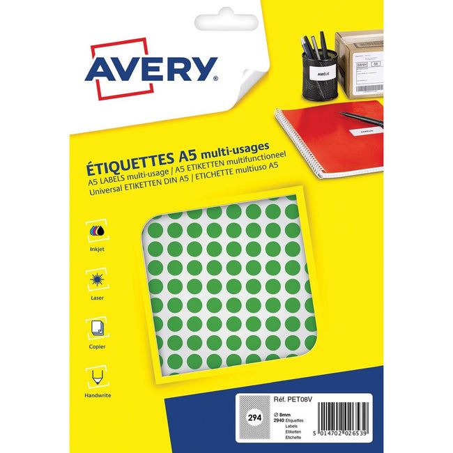 Avery - PET08V runde Markierungsetiketten, Durchmesser 8 mm, Blister mit 2940 Stück, grün
