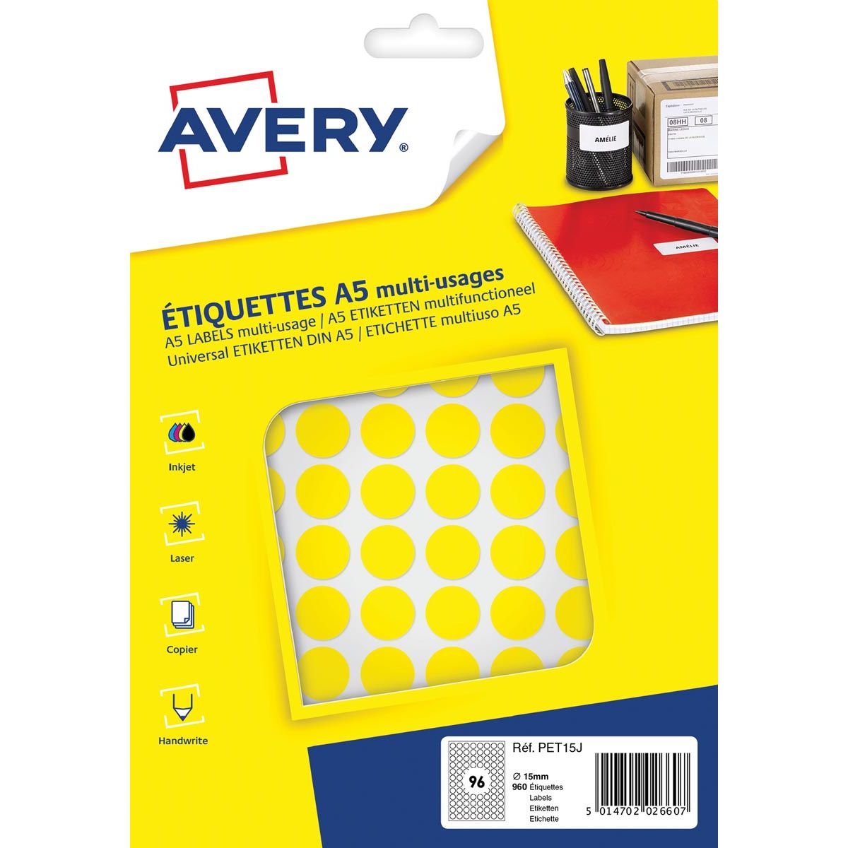 Avery - PET15J Runde Markierungsetiketten, Durchmesser 15 mm, Blasen von 960 Teilen, Gelb