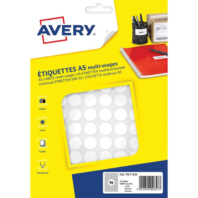 Avery - PET15W runde Markierungsetiketten, Durchmesser 15 mm, Blister mit 1536 Stück, weiß
