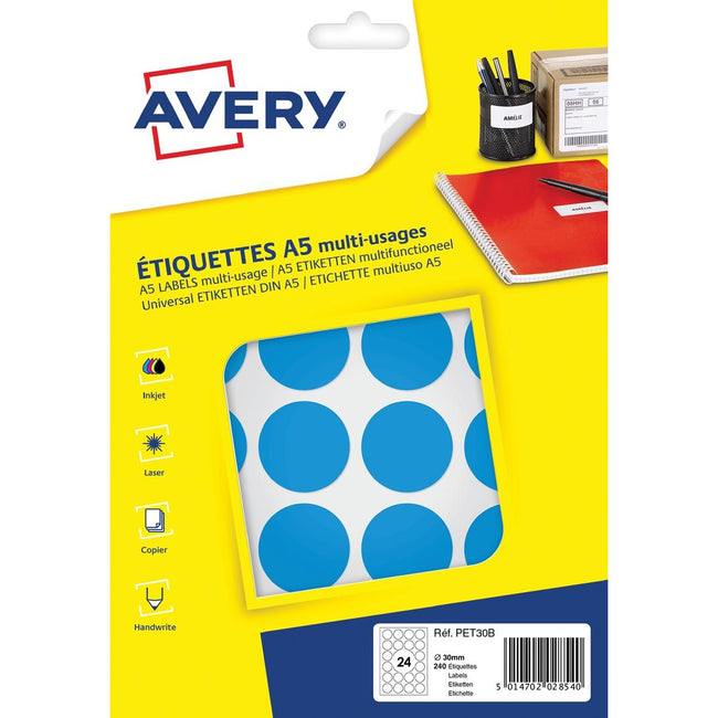 Avery - PET30B Runde Markieretiketten, Durchmesser 30 mm, Blasen von 240 Teilen, hellblau