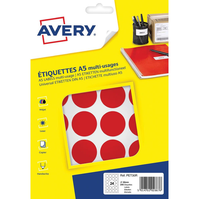 Avery - PET30R Runde Markierungsetiketten, Durchmesser 30 mm, Blasen von 240 Teilen, rot