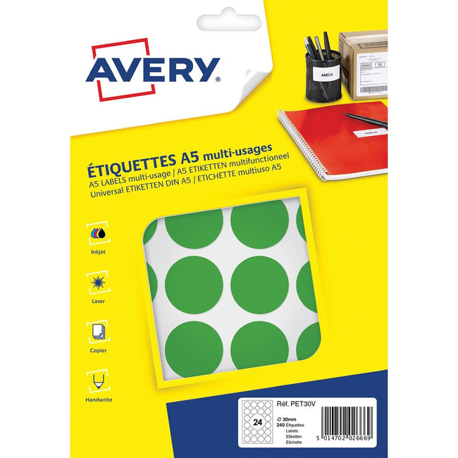 Avery - PET30V runde Markierungsetiketten, Durchmesser 30 mm, Blister mit 240 Stück, grün